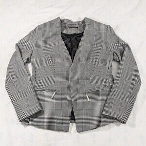 T Tahari Women's Blazer Size 6 Collarless Open Chekered Black/White Zip Pockets